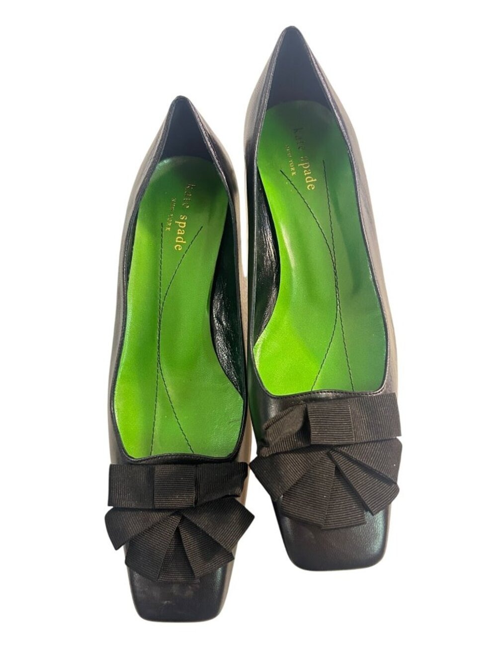 Kate Spade Navy Leather Bow Square-Toe Low Heels Womens Shoes Size 7.5 M